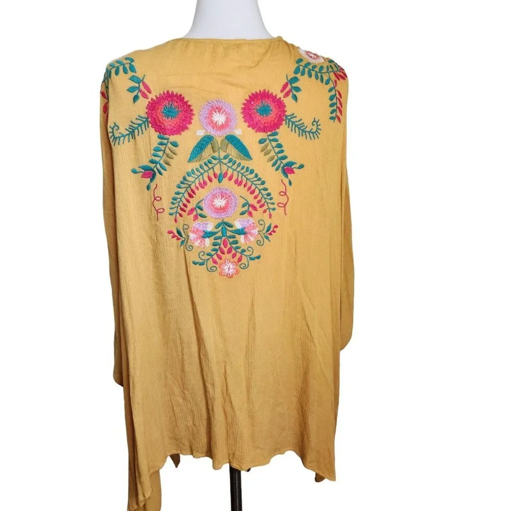 Umgee Mustard Yellow‎ Floral Embroidered Kimnono Cardigan Sz S/M Boho Cottage - Picture 5 of 15